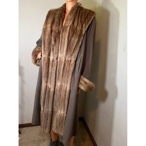 Vintage Fur Trim Long Coat Taupe Brown Wool Blend Fully Lined 40s 50s Style READ